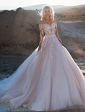 Sexy backless applique luxury lace long sleeve wedding dress front view