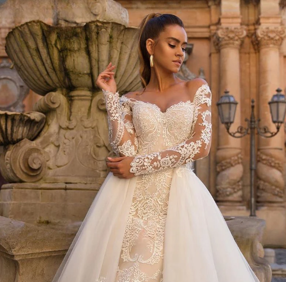 Darla Sexy Mermaid Wedding Dresses Sweetheart Long Sleeve Detachable Train 2 In 1 Lace Wedding Gowns Vestidos De Novia