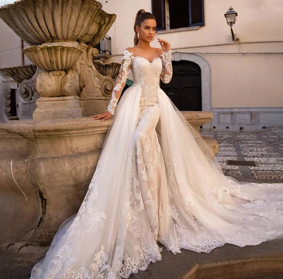 Darla Sexy Mermaid Wedding Dresses Sweetheart Long Sleeve Detachable Train 2 In 1 Lace Wedding Gowns Vestidos De Novia