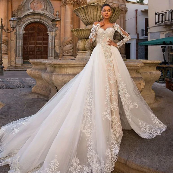 Darla Sexy Mermaid Wedding Dresses Sweetheart Long Sleeve Detachable Train 2 In 1 Lace Wedding Gowns Vestidos De Novia