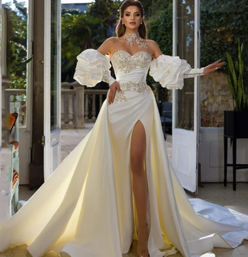 Luxurous Satin Ruched Pleats Sweetheart Trumpet Wedding Dress Beading Appliques 2 In 1 Bridal Gowns Vestido De Novia