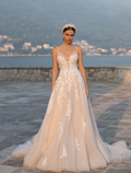 A-line sequined spaghetti straps lace beach wedding dress bride bridal gown
