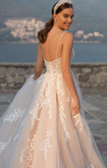 Beach lace A-line spaghetti straps sequined wedding dress bride bridal gown back view