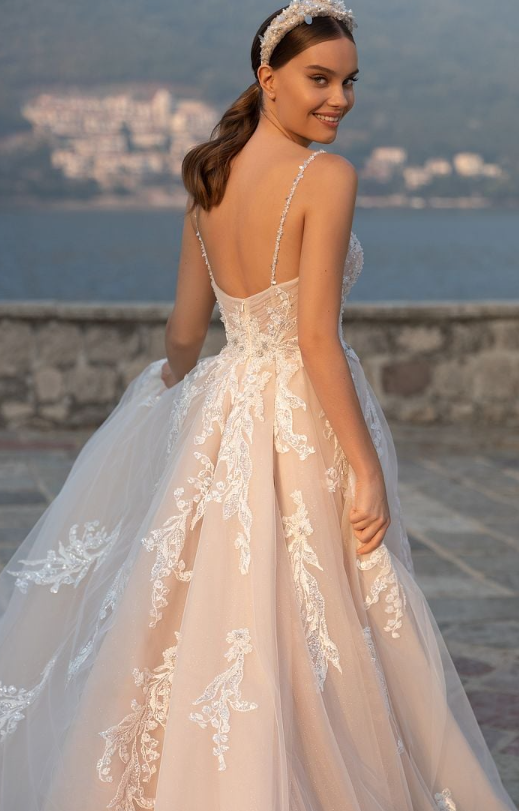 Beach lace A-line spaghetti straps sequined wedding dress bride bridal gown back view