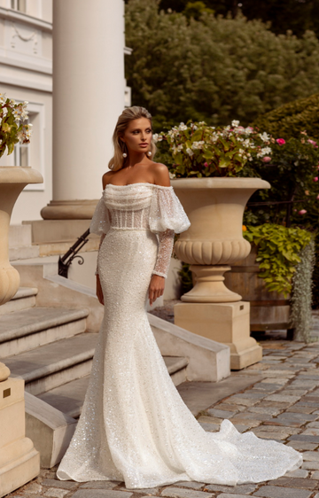 A-Line Backless New Wedding Dresses For Women Sexy Mermaid Off Shoulder Fluffy Long Sleeves Simple Slimming Mopping Bride Gowns