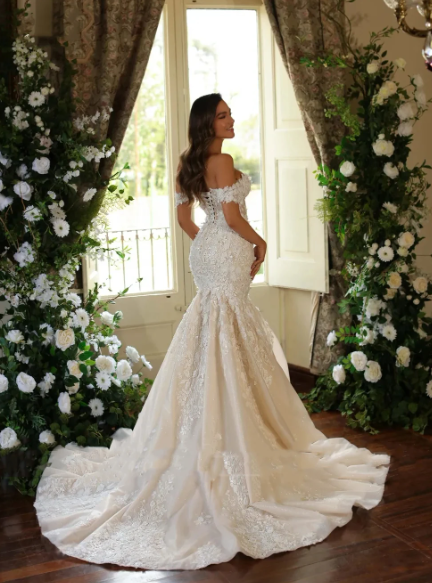 3d Flower Applique Litter Mermaid Wedding Dresses For Woman Cap Sleeve Princess Bridal Gown Lace Up Lace-up Dress Robe