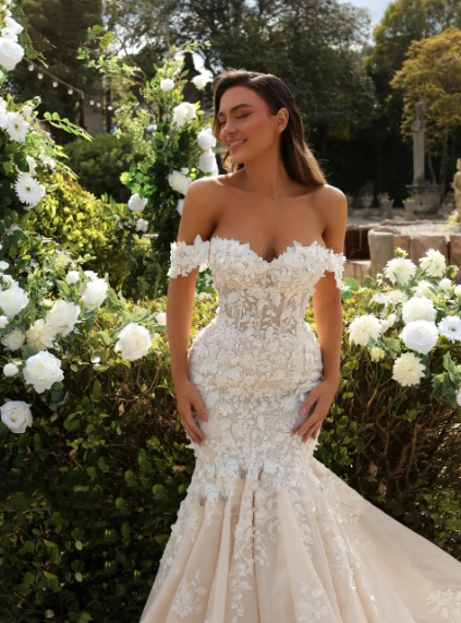 3d Flower Applique Litter Mermaid Wedding Dresses For Woman Cap Sleeve Princess Bridal Gown Lace Up Lace-up Dress Robe