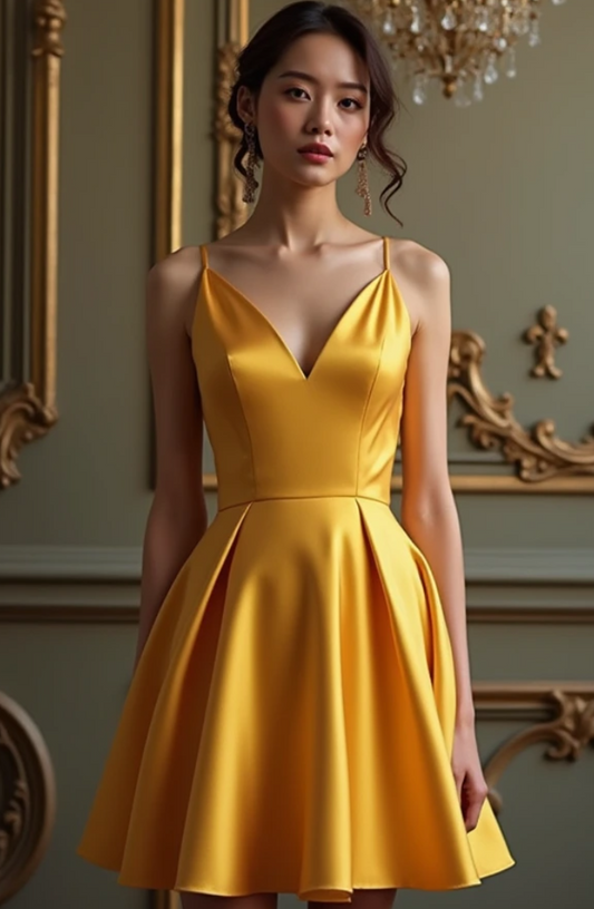 Elegant gold satin mini dress with a plunging V-neckline, spaghetti straps, and a flared A-line skirt – a glamorous choice for cocktail parties and evening events. | فستان سهرة قصير باللون الذهبي من الساتان بياقة عميقة وتصميم انسيابي فاخر | Vestido de noche corto de satén dorado con escote en V y falda acampanada – ideal para eventos elegantes. | Robe de soirée courte en satin doré avec décolleté en V et jupe évasée – parfaite pour un look glamour.