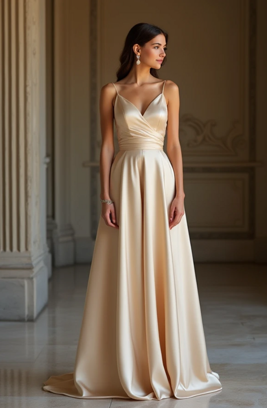Elegant champagne satin evening gown with a plunging V-neckline, draped bodice, and flowing A-line skirt – a luxurious choice for formal events. | فستان سهرة ساتان أنيق بلون الشمبانيا بياقة عميقة وتصميم انسيابي فاخر | Vestido de noche de satén champagne con escote en V profundo y falda fluida – ideal para eventos elegantes. | Robe de soirée en satin champagne avec décolleté en V et jupe évasée – parfaite pour une allure sophistiquée.