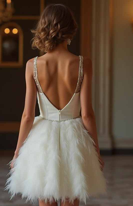 Stunning white satin mini dress with a sweetheart bodice, sheer beaded straps, and a voluminous feathered skirt – a glamorous choice for evening wear. | فستان سهرة أبيض قصير من الساتان مع ياقة رقيقة مطرزة وتنورة منفوشة من الريش لمظهر فاخر | Vestido de noche corto de satén blanco con escote corazón y falda de plumas – ideal para eventos exclusivos. | Robe de soirée blanche courte en satin avec décolleté en cœur et jupe en plumes – parfaite pour un look élégant.