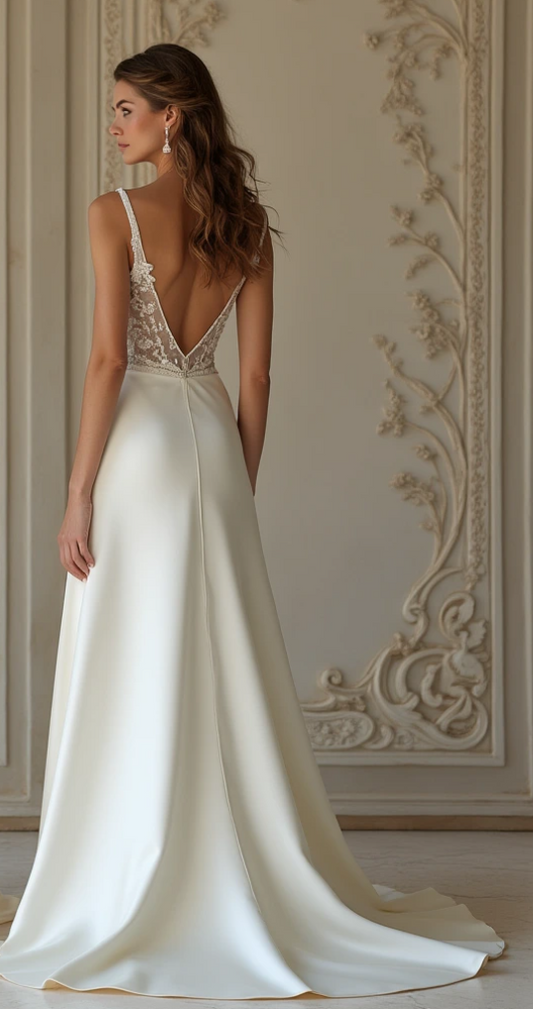 Elegant Open-Back Wedding Dress with Flowing Skirt | فستان زفاف مفتوح الظهر بتنورة انسيابية | Vestido de Novia con Espalda Descubierta y Falda Fluida