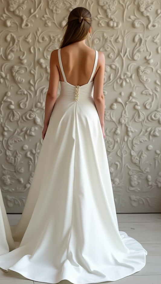 Modern A-Line Wedding Dress with Deep V-Neck & Lace | فستان زفاف مودرن بقصة A وخط رقبة عميق | Vestido de Novia Moderno con Cuello en V y Encaje