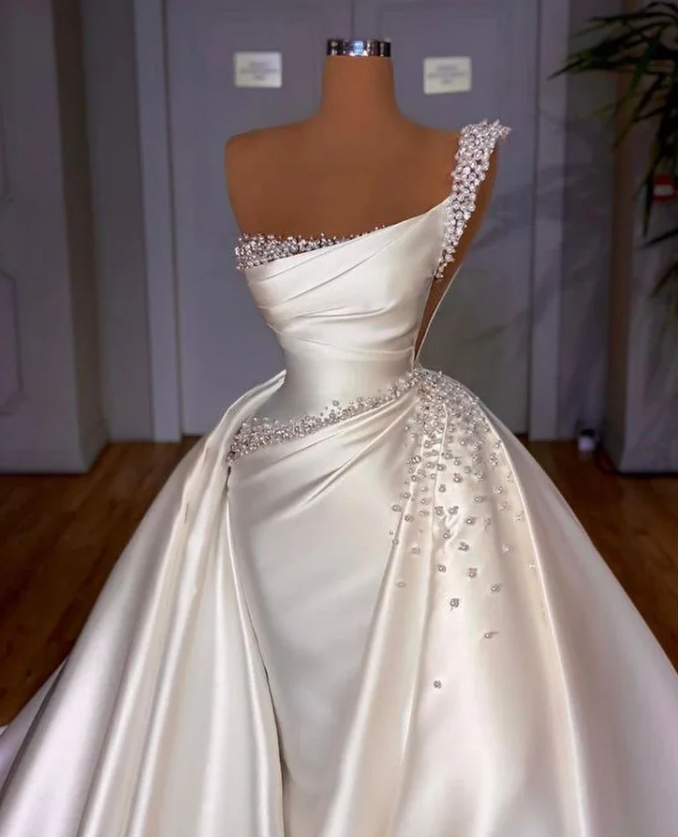Satin 3 In 1 Wedding Dresses for women Pearls Mermaid Detachable Train Bridal Gown Princess VS05 Vestido De Novia