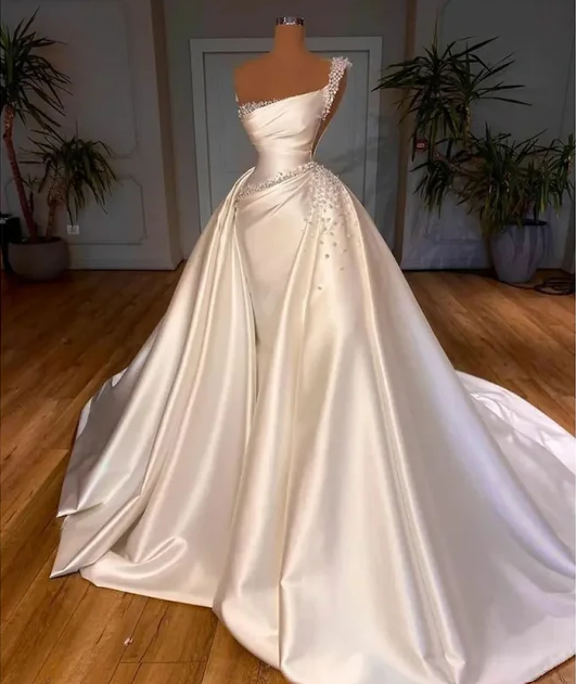 Satin 3 In 1 Wedding Dresses for women Pearls Mermaid Detachable Train Bridal Gown Princess VS05 Vestido De Novia