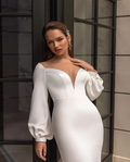 Wedding Dress Sheer Mesh Scoop Neck Puff Sleeves Beading Mermaid Bridal Gown with Detachable Train