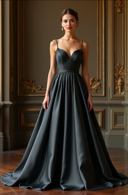 A breathtaking black satin ball gown with a deep V-neckline, cross-pleated bodice, delicate spaghetti straps, and a voluminous A-line skirt – perfect for glamorous occasions.
فستان أسود ملكي من الساتان بياقة V عميقة، وكورسيه مشدود بثنيات متقاطعة، وأشرطة رفيعة، وتنورة واسعة تنساب بأناقة – مثالي للحفلات الراقية.
Vestido de gala negro de satén con escote profundo en V, corsé plisado cruzado, tirantes finos y falda en A-line voluminosa – ideal para eventos glamurosos.