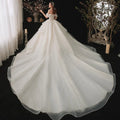 Sparkly beading crystal lace-up off-shoulder short sleeve princess ball gown long train wedding dress