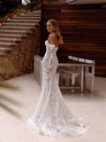 Pearls sparkly off-shoulder classic graceful mermaid long appliques bridal gown detail