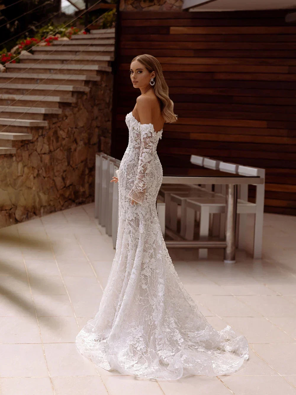 Pearls sparkly off-shoulder classic graceful mermaid long appliques bridal gown detail