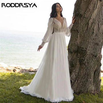 RODDRSYA Boho A-line Wedding Dresses For Women Chiffon Puffy Sleeve vestido de novia Elegant Lace Bridal Dress Custom Made