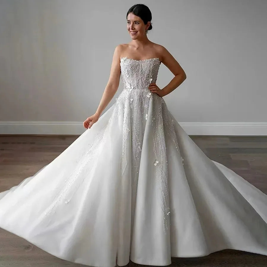 Sleeveless Beading Applique Pearls Square Collar 3d Flowers Floor Length Gowns Robe De Mariee Wedding Dresses Customize