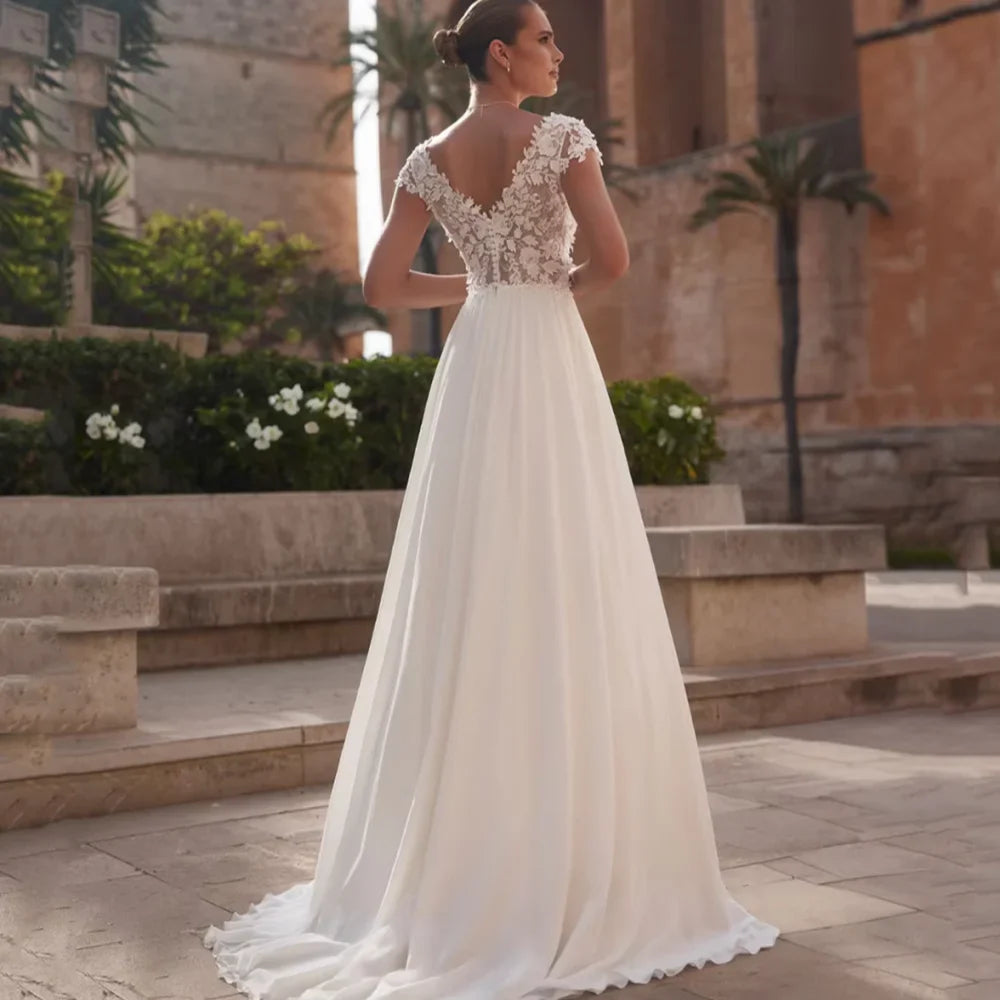 Customized Boho V Neck Wedding Dress Lace Cap Sleeve Bride Dresses Elegant A Line Button Bridal Gown New Vestidos De Novia