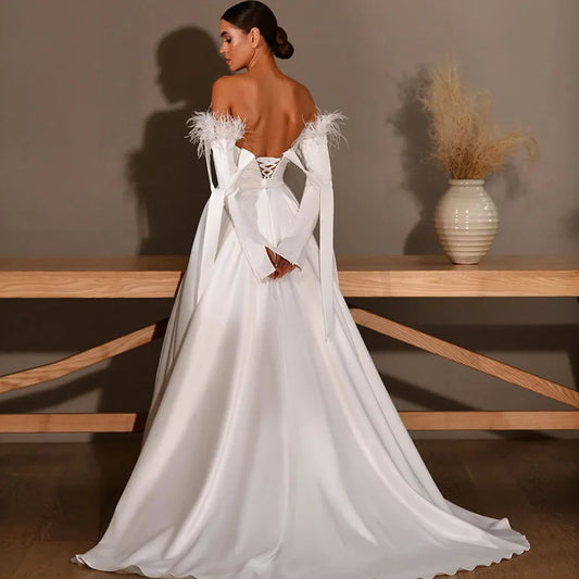 Elegant Wedding Dresses Boat Neck Long Sleeve Feather A Line Bridal Gowns Pleat Bow Tie Strap Sexy High Split Vestidos De Novia