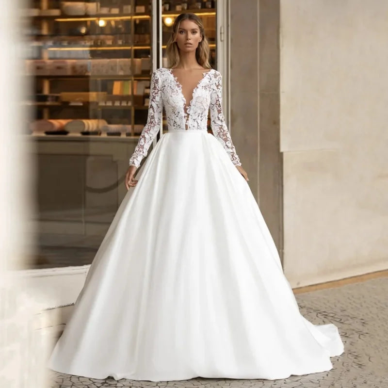 Wedding Dress Customized Long Sleeves V Neck Top Lace Satin A Line Bridal Gown Sweep Train Backless Bride Dresses Robe Mariee