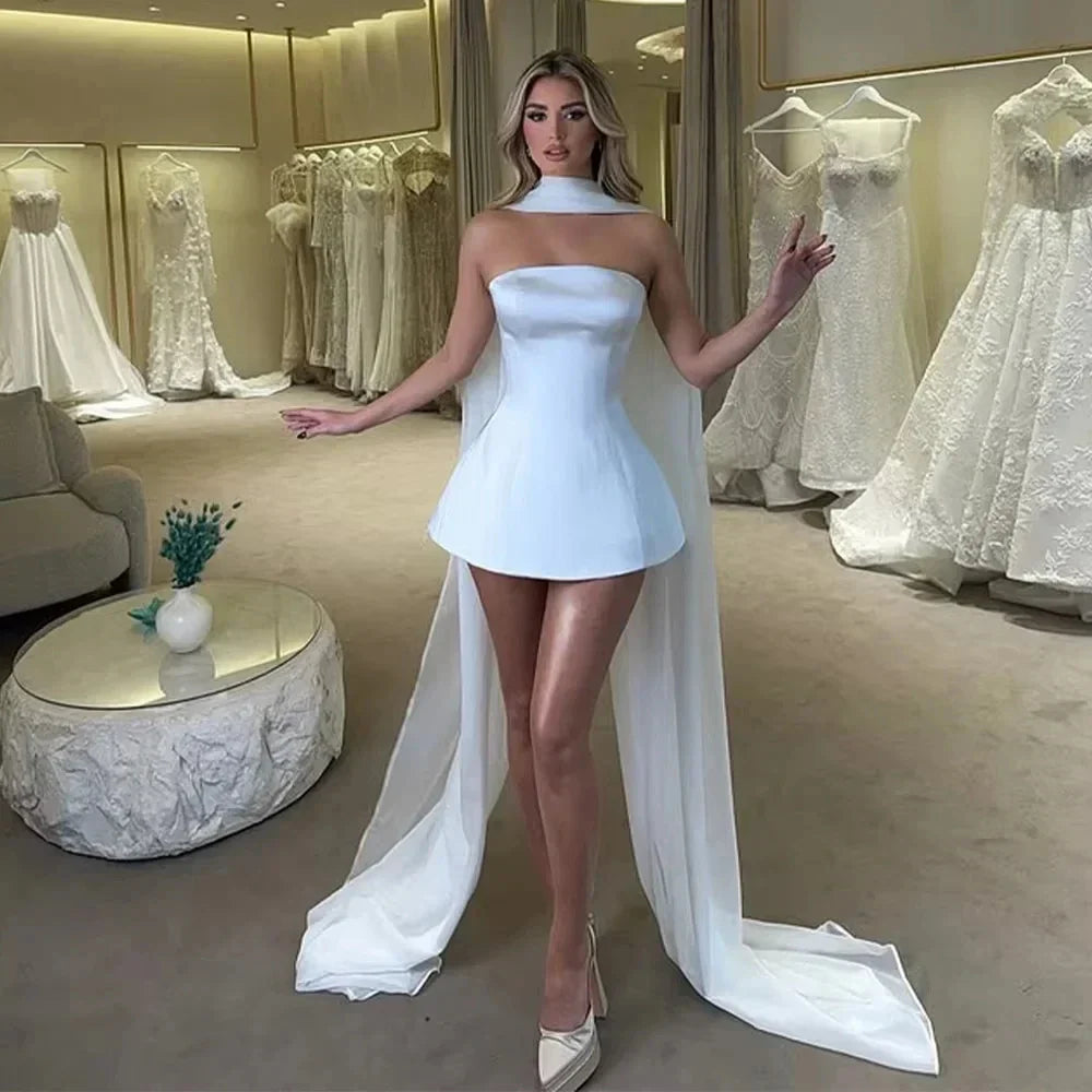 New modern short wedding dress 2026 wrap strapless satin lace-up bridal party gown