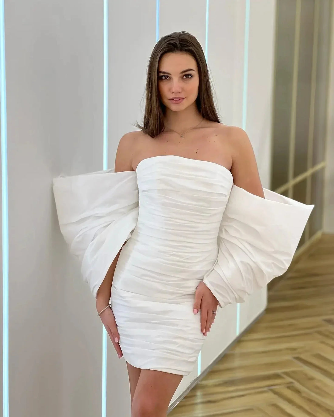 Elegant short strapless puff sleeves sheath satin mini bridal party gown formal Christmas