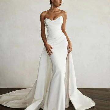 Chic White Satin Wedding Dresses Mermaid Strapless Cheap Bride Dress 2024 Long Train Church Wedding Gowns Customized Boda