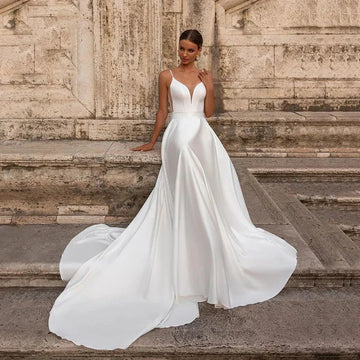 Gorgeous satin boho beach off-shoulder sleeveless sexy backless V-neck A-line mopping wedding dress bridal gown
