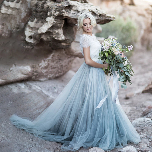 Two Tone Teal Blue Beach Tulle Wedding Dress Romantic Lace Jacket Boho Customized A Line Rustic Short Cap Sleeves Bridal Gowns