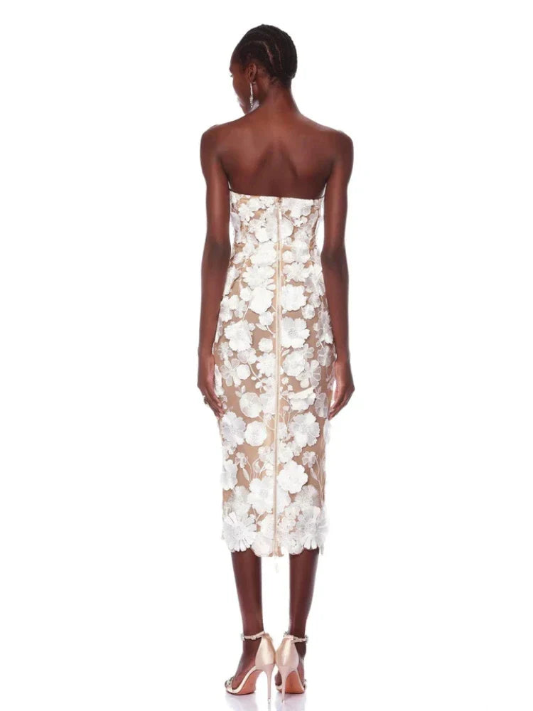 Sleeveless strapless 3D flower lace slim white backless elegant evening party club dress side view
