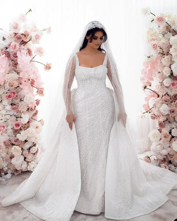 Customized Exquisite Mermaid Wedding Dresses Lace Satin Pearls LONG Sleeveless Bridal - Image 2