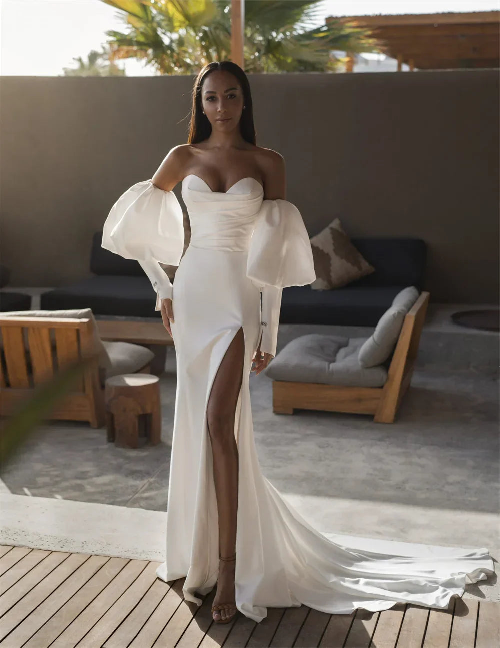 Detachable Puff Sleeves V-neck Soft Satin Sheath/Mermaid Wedding Dresses Side Slit Sweep Train   Bridal Grownm