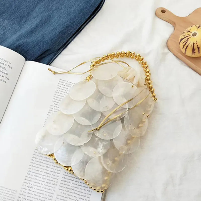 Clutch Woman Party Wedding Evening Shell Bag with Pearls Beaded Designer Luxury Handbag Straw Seashell Woven Sequin Elegant
