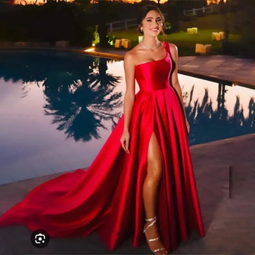 Elegant Red One Shoudler Satin A Line Wedding Dresses Side Slit Bridal Grown