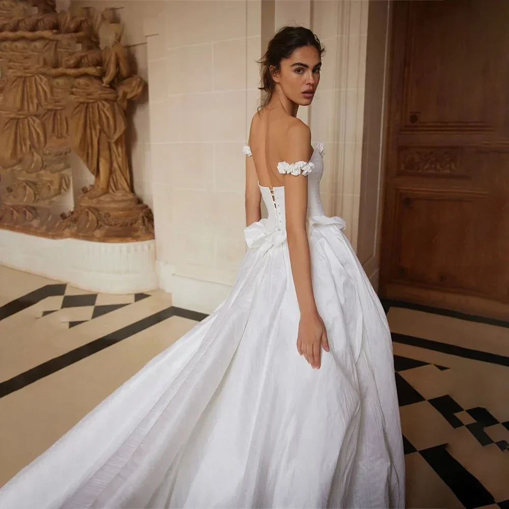Customzied A-Line Wedding Dresses Off Shoulder with Graceful Ruched Sleeveless Modern Exquisite Bridal Gown