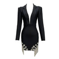 Sparkling rhinestone deep V-neck tassel long sleeve mini bandage bodycon party dress additional angle