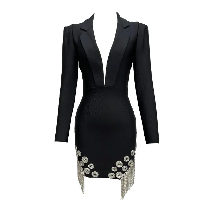 Sparkling rhinestone deep V-neck tassel long sleeve mini bandage bodycon party dress additional angle