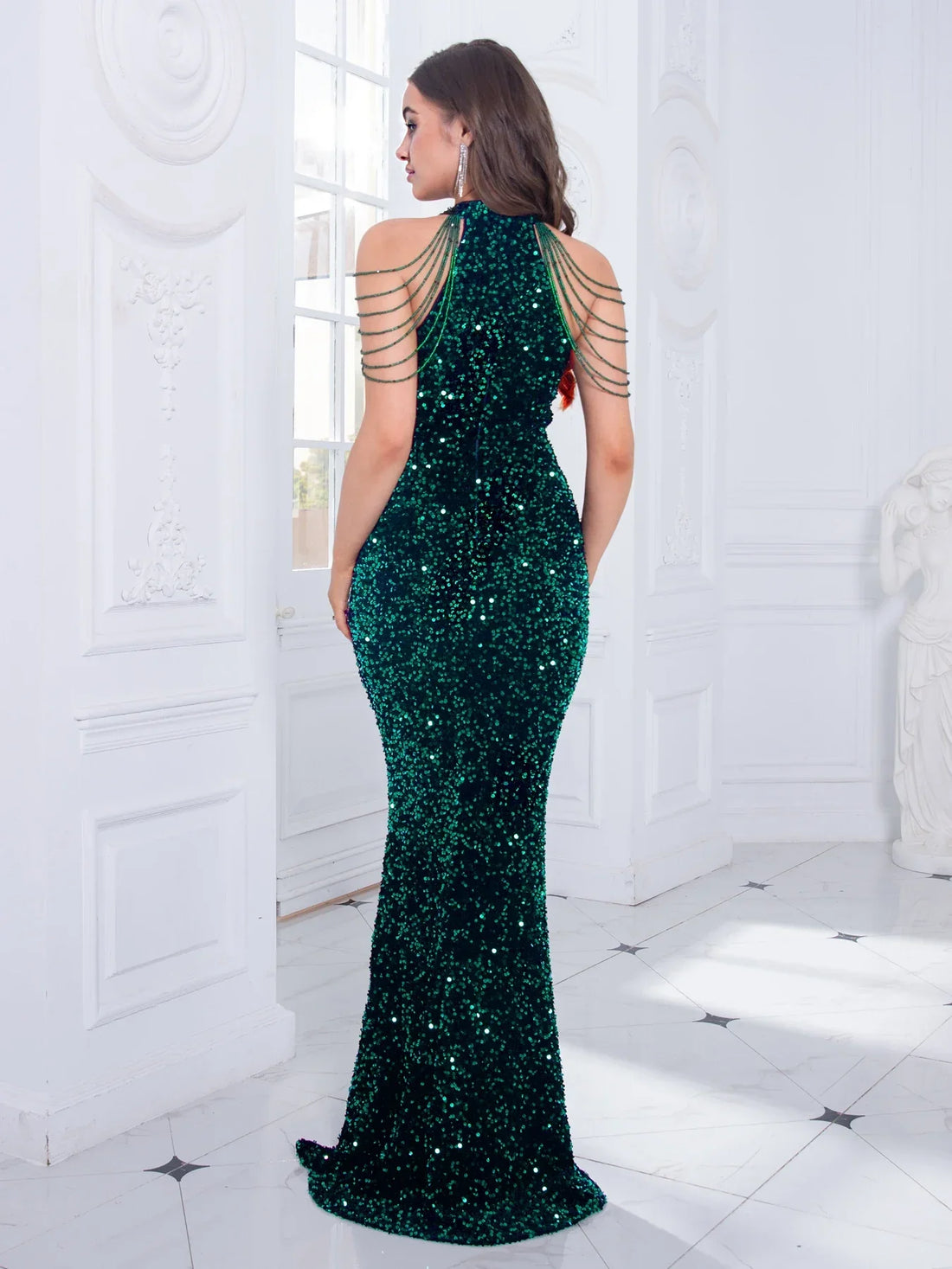 Off shoulder beading sequin stretch halter O-neck floor length evening night dress