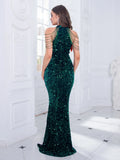 Halter O-neck beading sequin off shoulder stretch floor length evening night dress ivory