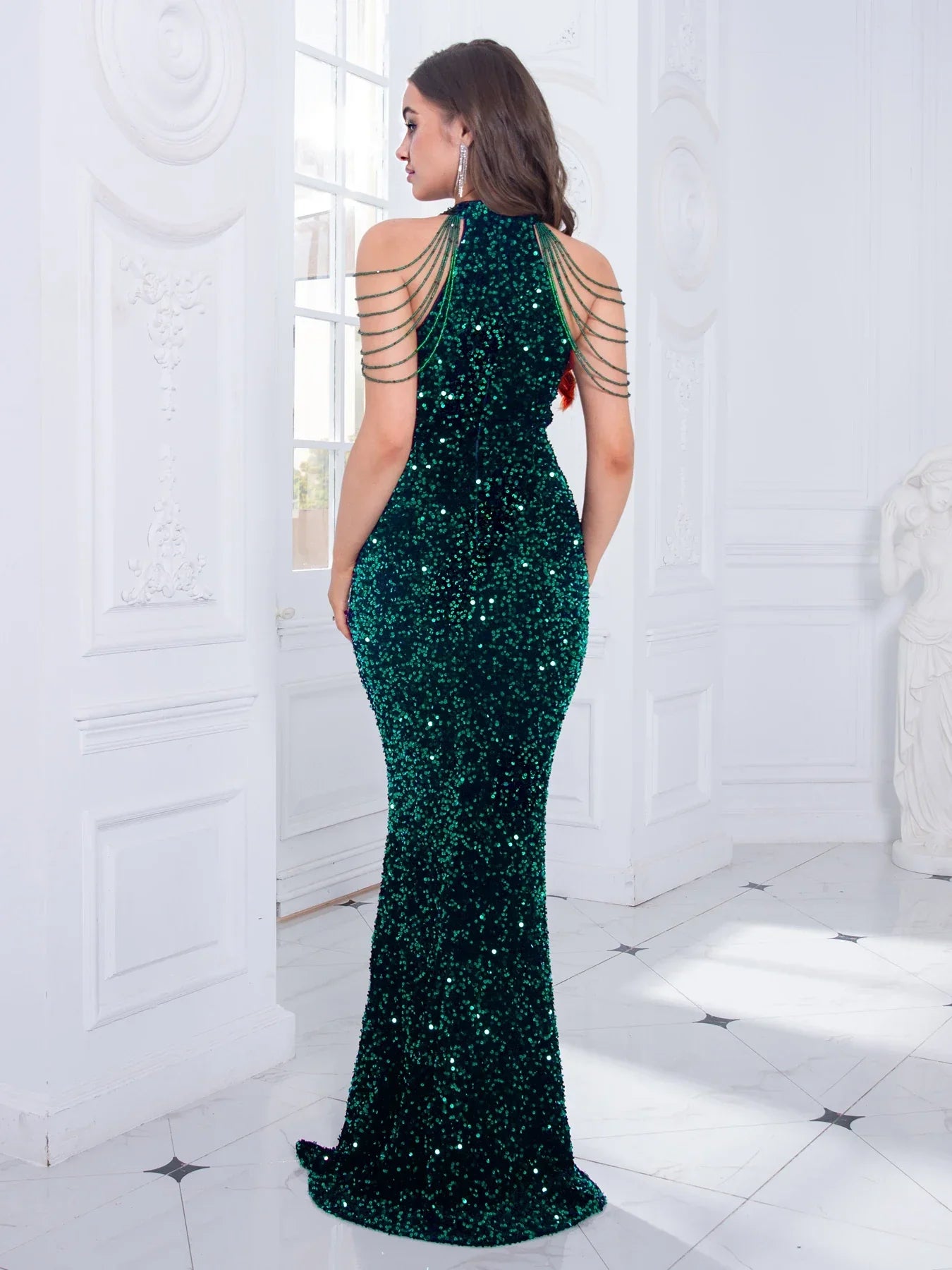 Halter O-neck beading sequin off shoulder stretch floor length evening night dress ivory