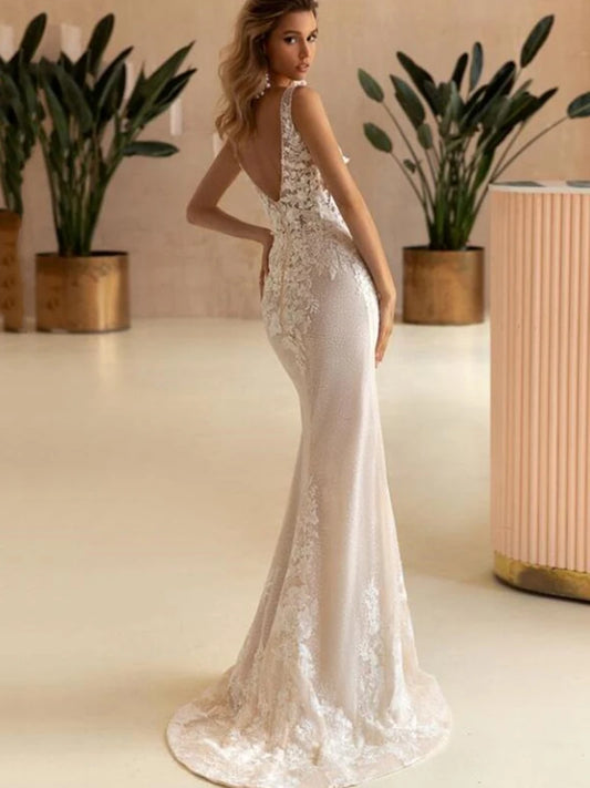 Customized Lace Mermaid Wedding Dresses Detachable Train V-Neck Backless Vestidos De Novia Appliques Backless Vestido De Noiva