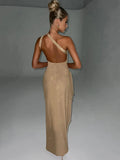 Bodycon backless high split one shoulder shiny charming elegant evening club party dress back view
