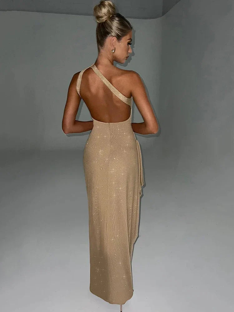 Bodycon backless high split one shoulder shiny charming elegant evening club party dress back view