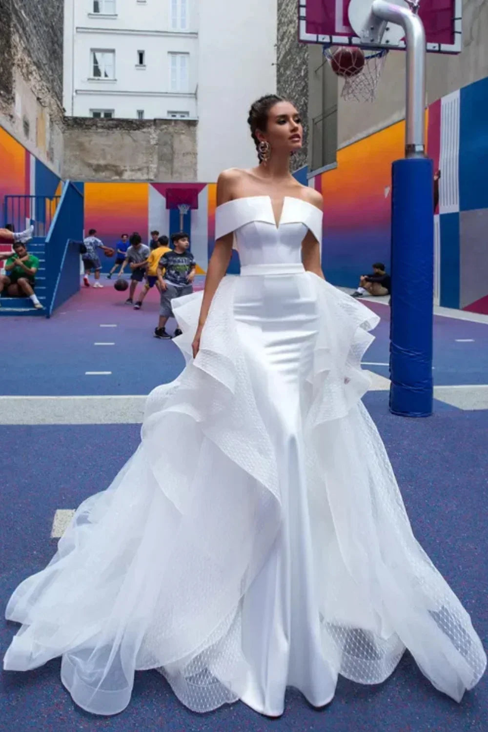 Size chart for mermaid detachable tiered train off-shoulder satin formal evening dress