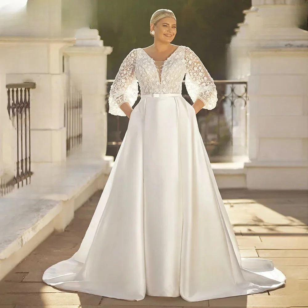 2025 Plus Size Wedding Dresses Classic Satin Bridal Puff Sleeves V Neck Beading Sequined A Line Bride Gown Customized 24032026