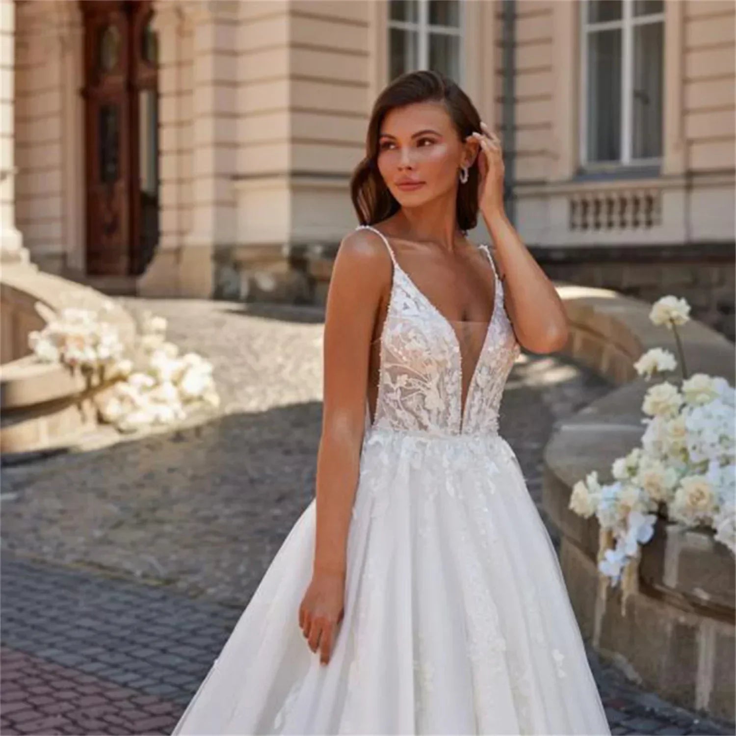 Lace V-neck elegant white women bridal wedding ceremony gown side view